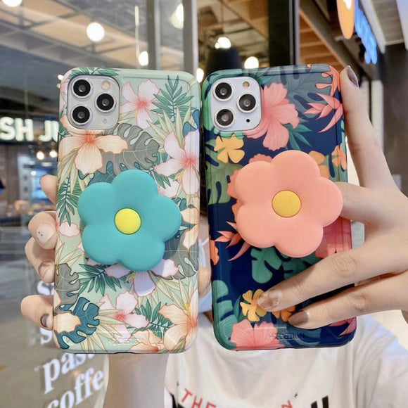 Vintage Cute Flower Leaves Stand Holder Folding Bracket Phone Case Back Cover for iPhone 12 Pro Max/12 Pro/12/12 Mini/SE/11 Pro Max/11 Pro/11/XS Max/XR/XS/X/8 Plus/8 - halloladies