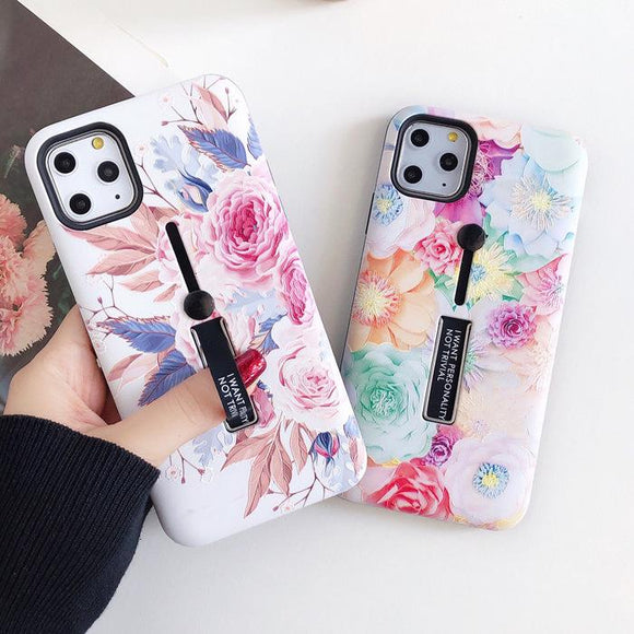 Fashion Flower Hide Ring Stand Holder Phone Case Back Cover - iPhone 12 Pro Max/12 Pro/12/12 Mini/SE/11 Pro Max/11 Pro/11/XS Max/XR/XS/X/8 Plus/8 - halloladies