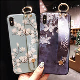 Relief Flower Wrist Strap Hand Band Soft TPU Phone Case Back Cover - iPhone 12 Pro Max/12 Pro/12/12 Mini/SE/11 Pro Max/11 Pro/11/XS Max/XR/XS/X/8 Plus/8 - halloladies