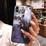 Relief Flower Wrist Strap Hand Band Soft TPU Phone Case Back Cover - iPhone 12 Pro Max/12 Pro/12/12 Mini/SE/11 Pro Max/11 Pro/11/XS Max/XR/XS/X/8 Plus/8 - halloladies