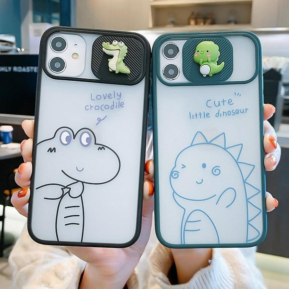 Lens Slider Cute Couple Little Dinosaur Frosted Soft Phone Case Back Cover for iPhone 12 Pro Max/12 Pro/12/12 Mini/SE/11 Pro Max/11 Pro/11/XS Max/XR/XS/X/8 Plus/8