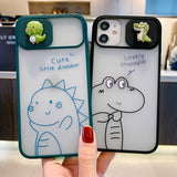 Lens Slider Cute Couple Little Dinosaur Frosted Soft Phone Case Back Cover for iPhone 12 Pro Max/12 Pro/12/12 Mini/SE/11 Pro Max/11 Pro/11/XS Max/XR/XS/X/8 Plus/8