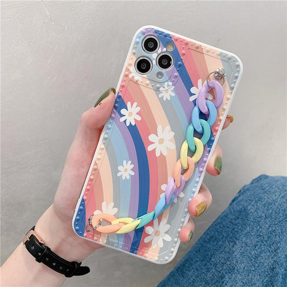 Rainbow Flower Wrist Strap Soft Phone Case Back Cover for iPhone 12 Pro Max/12 Pro/12/12 Mini/SE/11 Pro Max/11 Pro/11/XS Max/XR/XS/X/8 Plus/8 - halloladies