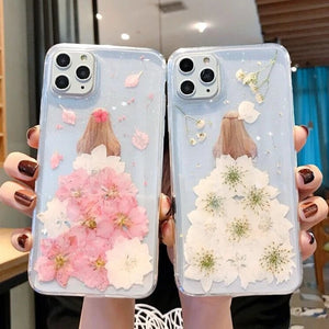 Real Dried Flower Lady Glitter Powder Soft Phone Case Back Cover for iPhone 12 Pro Max/12 Pro/12/12 Mini/SE/11 Pro Max/11 Pro/11/XS Max/XR/XS/X/8 Plus/8 - halloladies