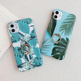 Retro Banana Leaves Flowers Metal Ring Holder Soft iPhone Case for iPhone 12 Pro Max/12 Pro/12/12 Mini/SE/11 Pro Max/11 Pro/11/XS Max/XR/XS/X/8 Plus/8 - halloladies