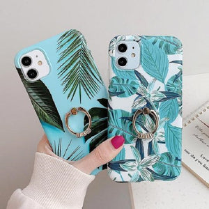 Retro Banana Leaves Flowers Metal Ring Holder Soft iPhone Case for iPhone 12 Pro Max/12 Pro/12/12 Mini/SE/11 Pro Max/11 Pro/11/XS Max/XR/XS/X/8 Plus/8 - halloladies