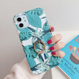 Retro Banana Leaves Flowers Metal Ring Holder Soft iPhone Case for iPhone 12 Pro Max/12 Pro/12/12 Mini/SE/11 Pro Max/11 Pro/11/XS Max/XR/XS/X/8 Plus/8 - halloladies