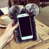 Fluffy Plush Rabbit Fur Ear Tail Soft Silicone Phone Case Back Cover for iPhone XS Max/XR/XS/X/8 Plus/8/7 Plus/7/6s Plus/6s/6 Plus/6 - halloladies