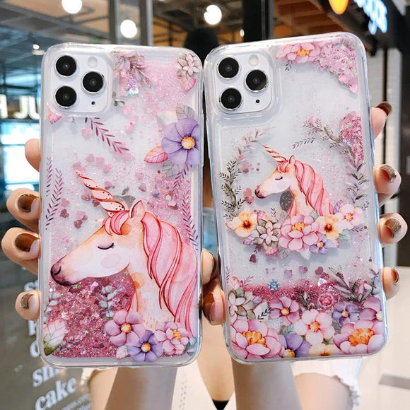 Cute Pink Unicorn Flower Love Heart Dynamic Liquid Quicksand Case for iPhone 12 Pro Max/12 Pro/12/12 Mini/SE/11 Pro Max/11 Pro/11/XS Max/XR/XS/X/8 Plus/8 - halloladies