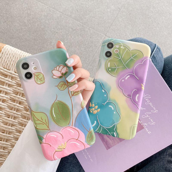 Watercolor Flower Lotus Leaf Soft Phone Case Back Cover for iPhone 12 Pro Max/12 Pro/12/12 Mini/SE/11 Pro Max/11 Pro/11/XS Max/XR/XS/X/8 Plus/8 - halloladies