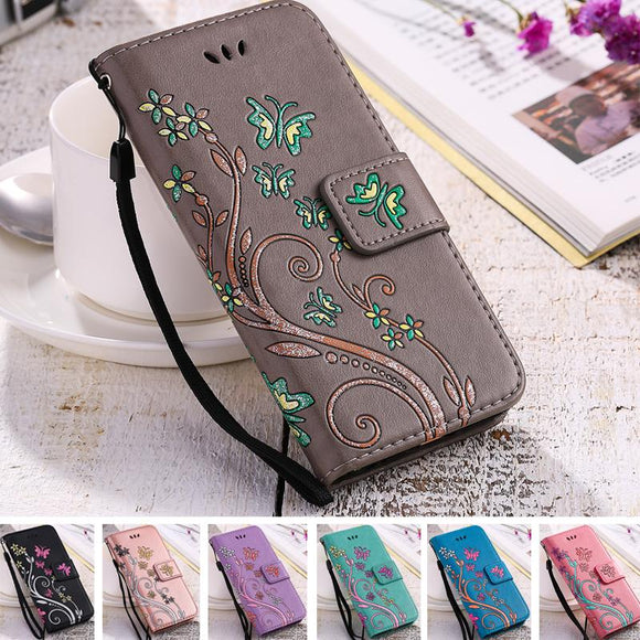 Butterfly Flower Print Leather Flip Wallet Phone Case Back Cover - iPhone 11 Pro Max/11 Pro/11/XS Max/XS/XR/X/8 Plus/8/7 Plus/7 - halloladies