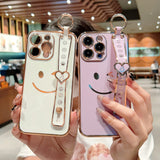 Cute Smiling Faces Electroplated Phone Case With Wrist Band for iPhone