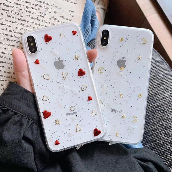 Retro Plated Love Heart Glitter Clear Phone Case Back Cover for iPhone XS Max/XR/XS/X/8 Plus/8/7 Plus/7/6s Plus/6s/6 Plus/6 - halloladies