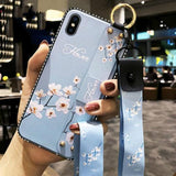 Vintage Flower Pattern Holder Silicone Wrist Strap Lanyard Soft TPU Phone Case Back Cover for iPhone XS Max/XR/XS/X/8 Plus/8/7 Plus/7/6s Plus/6s/6 Plus/6 - halloladies