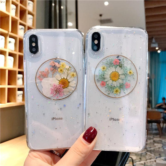 Real Dried Flower Glitter Star Phone Case Back Cover - iPhone 11 Pro Max/11 Pro/11/XS Max/XR/XS/X/8 Plus/8/7 Plus/7 - halloladies