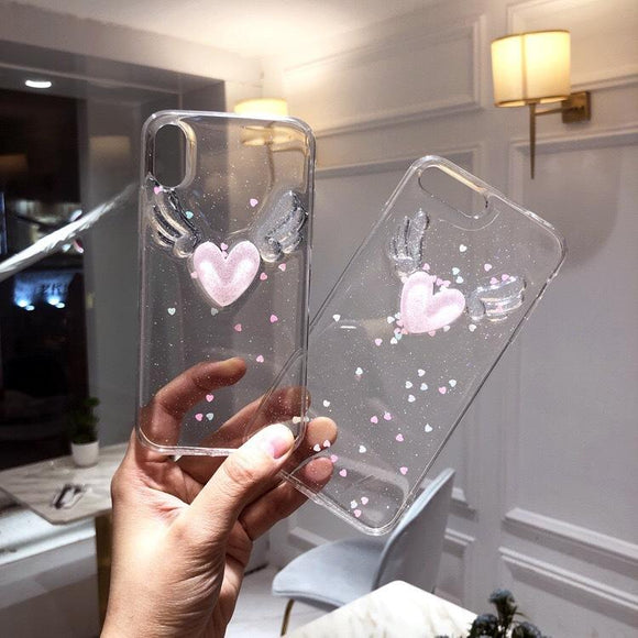 Glitter Angel's Wing Love Heart Clear Phone Case Back Cover - iPhone 11 Pro Max/11 Pro/11/XS Max/XR/XS/X/8 Plus/8/7 Plus/7 - halloladies