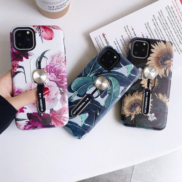 Retro Flower Leaves Hide Loop Stand Phone Case Back Cover for iPhone 11 Pro Max/11 Pro/11/XS Max/XR/XS/X/8 Plus/8/7 Plus/7 - halloladies