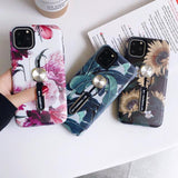Retro Flower Leaves Hide Loop Stand Phone Case Back Cover for iPhone 11 Pro Max/11 Pro/11/XS Max/XR/XS/X/8 Plus/8/7 Plus/7 - halloladies