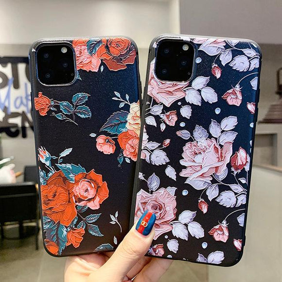 Cute 3D Emboss Rose Flower Patterned Phone Case Back Cover - iPhone 11 Pro Max/11 Pro/11/XS Max/XR/XS/X/8 Plus/8/7 Plus/7 - halloladies