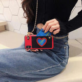 Fashion Leather Card Holder Love Heart with Long Crossbody Strap Chain Phone Case Back Cover for iPhone 11/11 Pro/11 Pro Max/XS Max/XR/XS/X/8 Plus/8/7 Plus/7 - halloladies