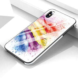 Feather Pattern Oil PaintingTempered Glass Phone Case Back Cover for iPhone 12/12mini/12pro/12 pro max/11/11pro/11 pro max/XS Max/XR/XS/X/8 Plus/8/7 Plus/7/6s Plus/6s/6 Plus/6 - halloladies