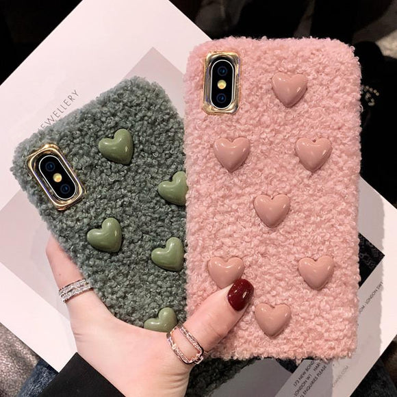 3D Love Heart Solid Color Plush Soft Phone Case Back Cover - iPhone 11/11 Pro/11 Pro Max/XS Max/XR/XS/X/8 Plus/8/7 Plus/7 - halloladies