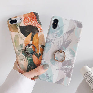 Retro Plants Leaf Pattern with Ring Holder Phone Case Back Cover - iPhone 11/11 Pro/11 Pro Max/XS Max/XR/XS/X/8 Plus/8/7 Plus/7 - halloladies