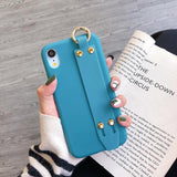 Candy Color Wrist Strap Holder Matte Soft Phone Case Back Cover for iPhone 12 Pro Max/12 Pro/12/12 Mini/SE/11 Pro Max/11 Pro/11/XS Max/XR/XS/X/8 Plus/8 - halloladies