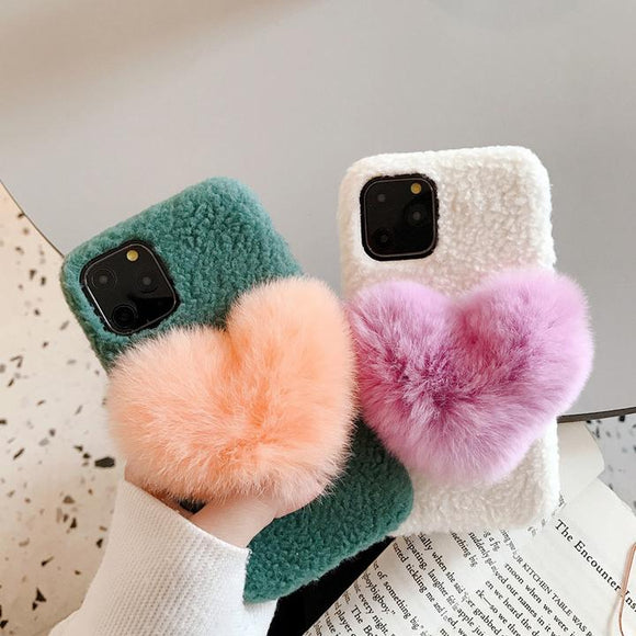 Warm Furry Love Heart Phone Case Back Cover for iPhone 11 Pro Max/11 Pro/11/XS Max/XR/XS/X/8 Plus/8/7 Plus/7 - halloladies