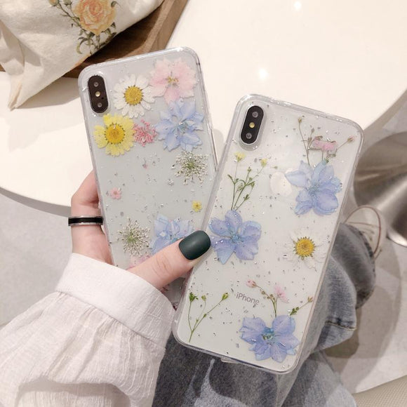 Glitter real Dry pressed Flower Phone Case Back Cover - iPhone 12 Pro Max/12 Pro/12/12 Mini/SE/11 Pro Max/11 Pro/11/XS Max/XR/XS/X/8 Plus/8 - halloladies