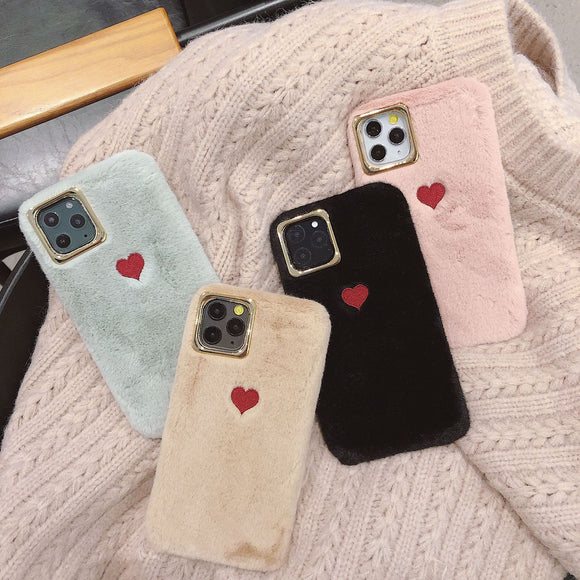 Simple Solid Color Winter Warm Short Plush Love Heart Soft Phone Case Back Cover - iPhone 11 Pro Max/11 Pro/11/XS Max/XR/XS/X/8 Plus/8/7 Plus/7 - halloladies