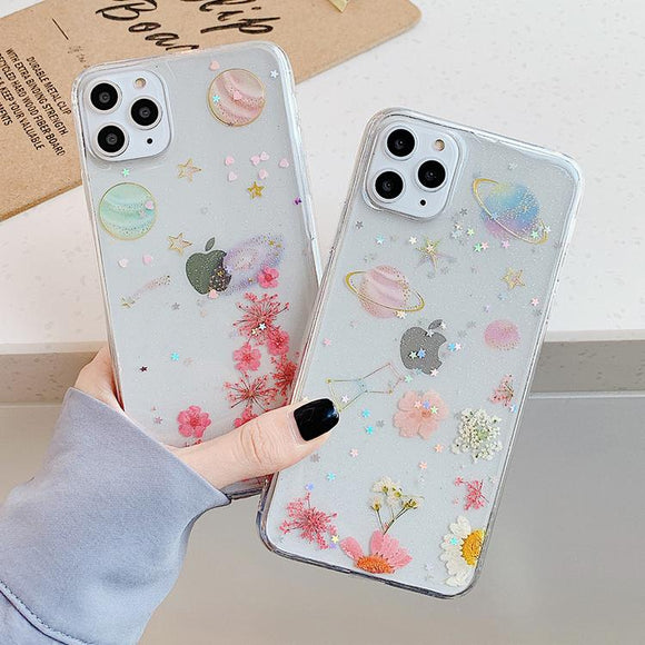Glitter Real Dried Flower Planet Transparent Phone Case Back Cover - iPhone 11/11 Pro/11 Pro Max/XS Max/XR/XS/X/8 Plus/8/7 Plus/7 - halloladies