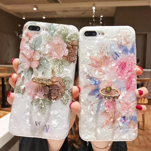 Shell Texture Flower with Finger Ring Phone Case Back Cover for iPhone 11/11 Pro/11 Pro Max/XS Max/XR/XS/X/8 Plus/8/7 Plus/7 - halloladies