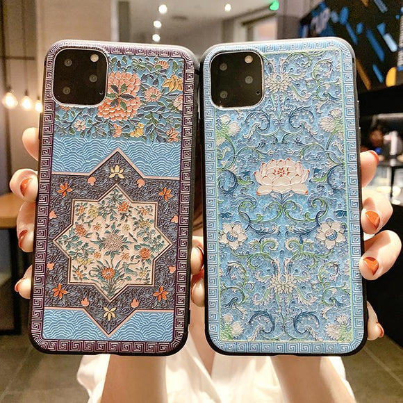 Vintage Relief Flower Soft TPU Phone Case Back Cover for iPhone 11 Pro Max/11 Pro/11/XS Max/XR/XS/X/8 Plus/8/7 Plus/7 - halloladies