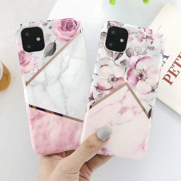 Electroplate Marble Flower Phone Case Back Cover - iPhone 12 Pro Max/12 Pro/12/12 Mini/SE/11 Pro Max/11 Pro/11/XS Max/XR/XS/X/8 Plus/8 - halloladies