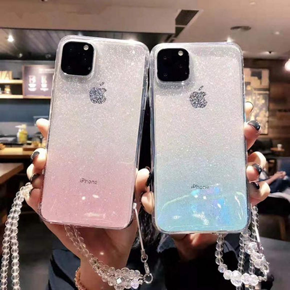 Glitter Star Foil Transparent with Strap Chain Phone Case Back Cover - iPhone 11/11 Pro/11 Pro Max/XS Max/XR/XS/X/8 Plus/8/7 Plus/7 - halloladies