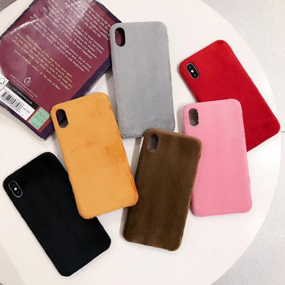 Solid Color Winter Warm Short Plush Soft TPU Phone Case Back Cover for iPhone 11 Pro Max/11 Pro/11/XS Max/XR/XS/X/8 Plus/8/7 Plus/7 - halloladies