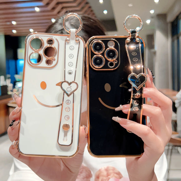 Cute Smiling Faces Electroplated Phone Case With Wrist Band for iPhone