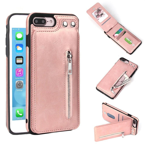 Fashion Zipper Leather Card Holder Wallet Phone Case Back Cover - iPhone XS Max/XR/XS/X/8 Plus/8/7 Plus/7/6s Plus/6s/6 Plus/6 - halloladies