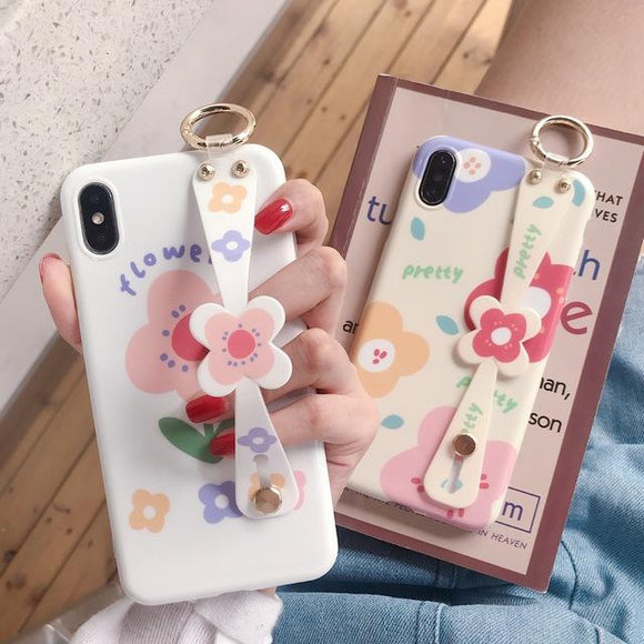 Simple Flower Wrist Strap Letter Phone Case Back Cover - iPhone 11/11 Pro/11 Pro Max/XS Max/XR/XS/X/8 Plus/8/7 Plus/7 - halloladies