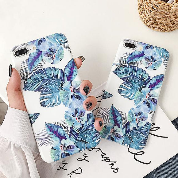 Vintage Flowers Blue Banana Leaf Phone Case Back Cover - iPhone 11 Pro Max/11 Pro/11/XS Max/XR/XS/X/8 Plus/8 - halloladies