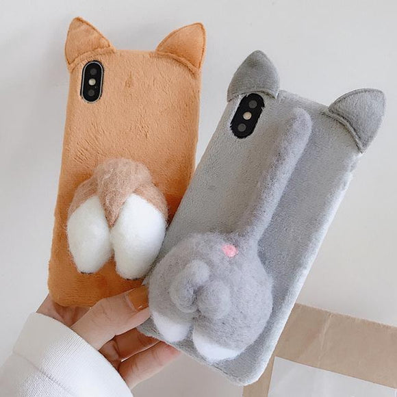 Cute Cartoon 3D Plush Corgi Cat Ear Phone Case Back Cover for iPhone 11 Pro Max/11 Pro/11/XS Max/XR/XS/X/8 Plus/8/7 Plus/7 - halloladies