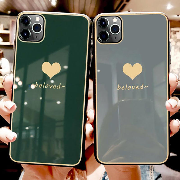 Simple Solid Coor Love Heart Letters Tempered Glass Phone Case Back Cover for iPhone 11/11 Pro/11 Pro Max/XS Max/XR/XS/X/8 Plus/8/7 Plus/7 - halloladies