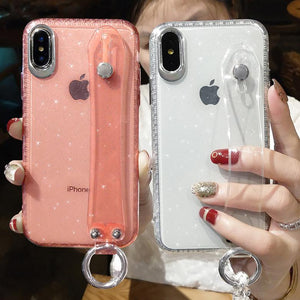Glitter Powder Shining Transparent Soft Silicone Wrist Strap Phone Case Back Cover for iPhone 12/12 pro/12 mini/ 12 pro max/11 Pro Max/11 Pro/11/XS Max/XR/XS/X/8 Plus/8/7 Plus/7/6s Plus/6s/6 Plus/6 - halloladies