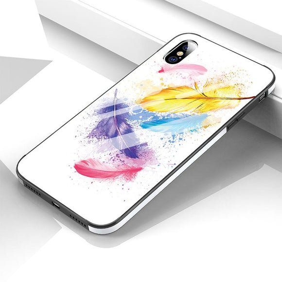 Feather Pattern Oil Painting Tempered Glass Phone Case Back Cover for iPhone XS Max/XR/XS/X/8 Plus/8/7 Plus/7/6s Plus/6s/6 Plus/6 - halloladies
