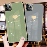 Simple Solid Coor Love Heart Letters Tempered Glass Phone Case Back Cover for iPhone 11/11 Pro/11 Pro Max/XS Max/XR/XS/X/8 Plus/8/7 Plus/7 - halloladies