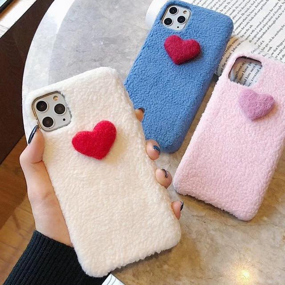 3D Love Heart Solid Color Warm Short Plush Phone Case Back Cover - iPhone 11 Pro Max/11 Pro/11/XS Max/XR/XS/X/8 Plus/8/7 Plus/7 - halloladies