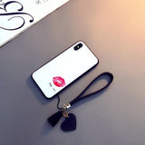 Simple Lip Print Tempered Glass with Pendant Phone Case Back Cover - Xiaomi - halloladies