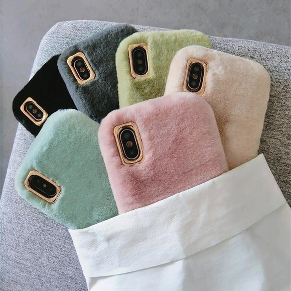 Winter Warm Cute Rabbit Fur Plush Solid Color Phone Case Back Cover - iPhone 11 Pro Max/11 Pro/11/XS Max/XR/XS/X/8 Plus/8/7 Plus/7 - halloladies