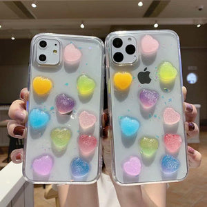 Glitter 3D Cute Candy Love Heart Clear Phone Case Back Cover - iPhone 11 Pro Max/11 Pro/11/XS Max/XR/XS/X/8 Plus/8/7 Plus/7 - halloladies